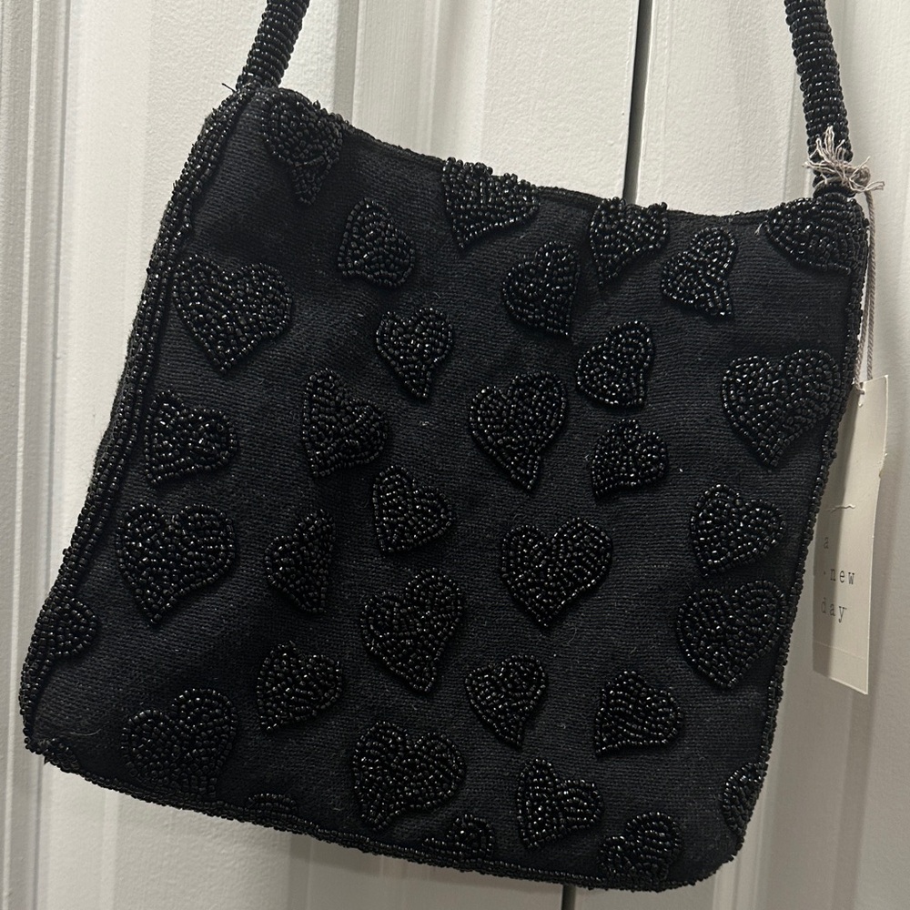 a new day Black Beaded Heart Shoulder Bag